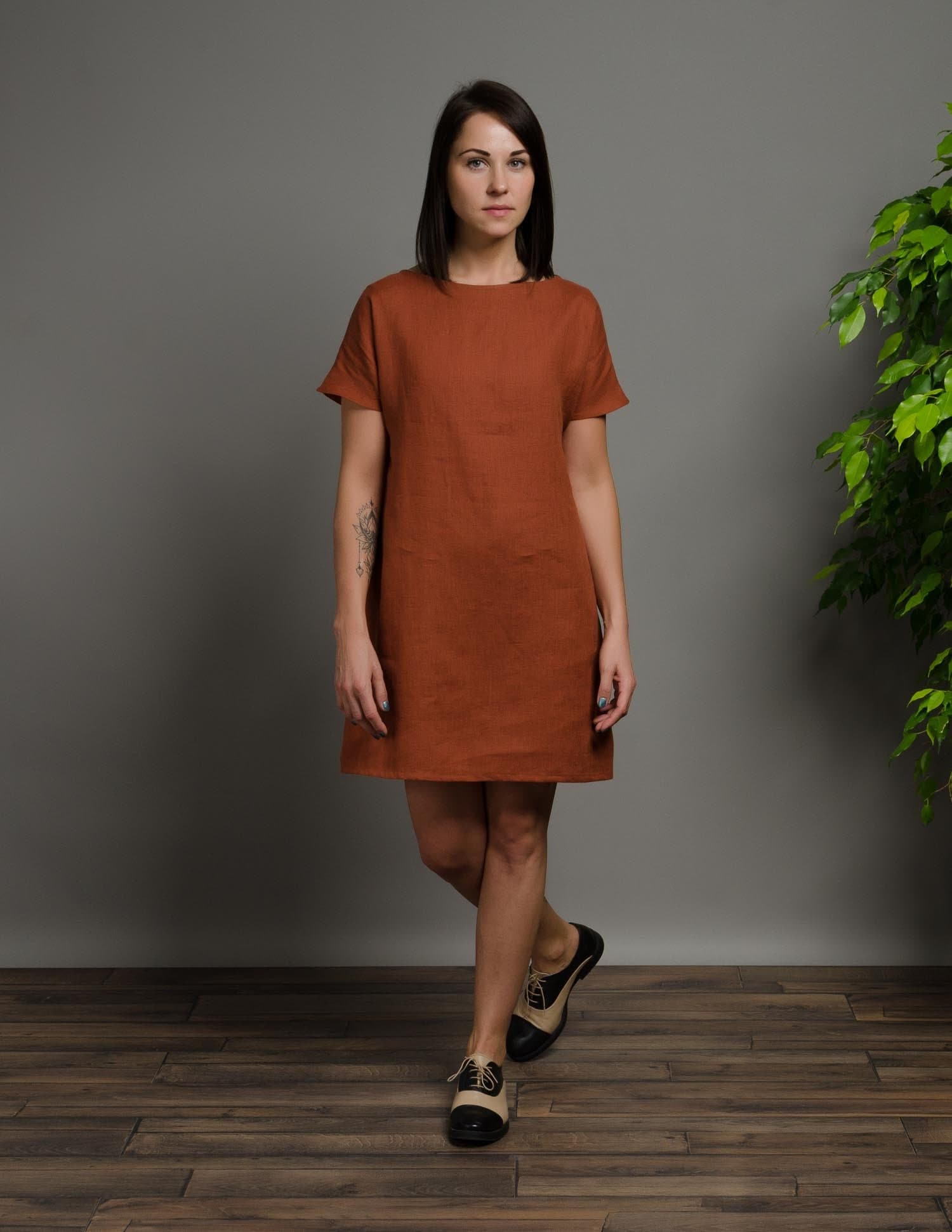 SANDRA Short brown linen dress with Short sleeve, trapeze linen summer dress, simple linen dress