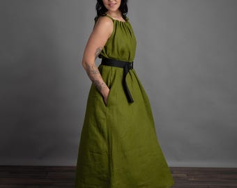 ARABELLA Olive Green Tie Shoulder  Loose Maxi Linen Dress