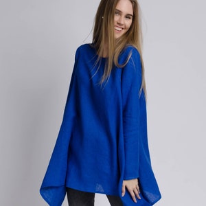 AURORA Asymmetric long sleeve blue royal color linen tunic women, bright blue long linen tunic, long linen blouse, long sleeve linen tunic image 4