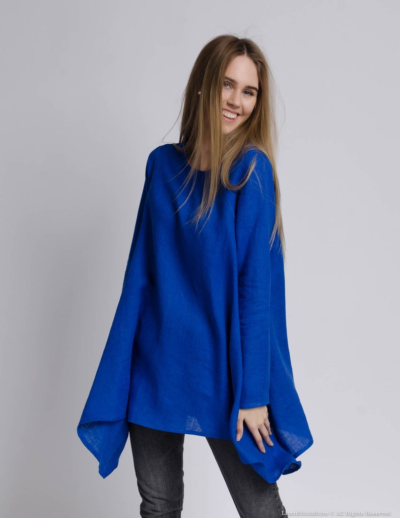 AURORA Asymmetric long sleeve blue royal color linen tunic women, bright blue long linen tunic, long linen blouse, long sleeve linen tunic image 4