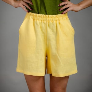 TAMARA Yellow Linen Shorts – High Waist Elastic Summer Shorts with Pockets – Lightweight Natural Linen Clothing – Handmade in Lithuania