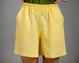 TAMARA Yellow Linen Shorts – High Waist Elastic Summer Shorts with Pockets – Lightweight Natural Linen Clothing – Handmade in Lithuania