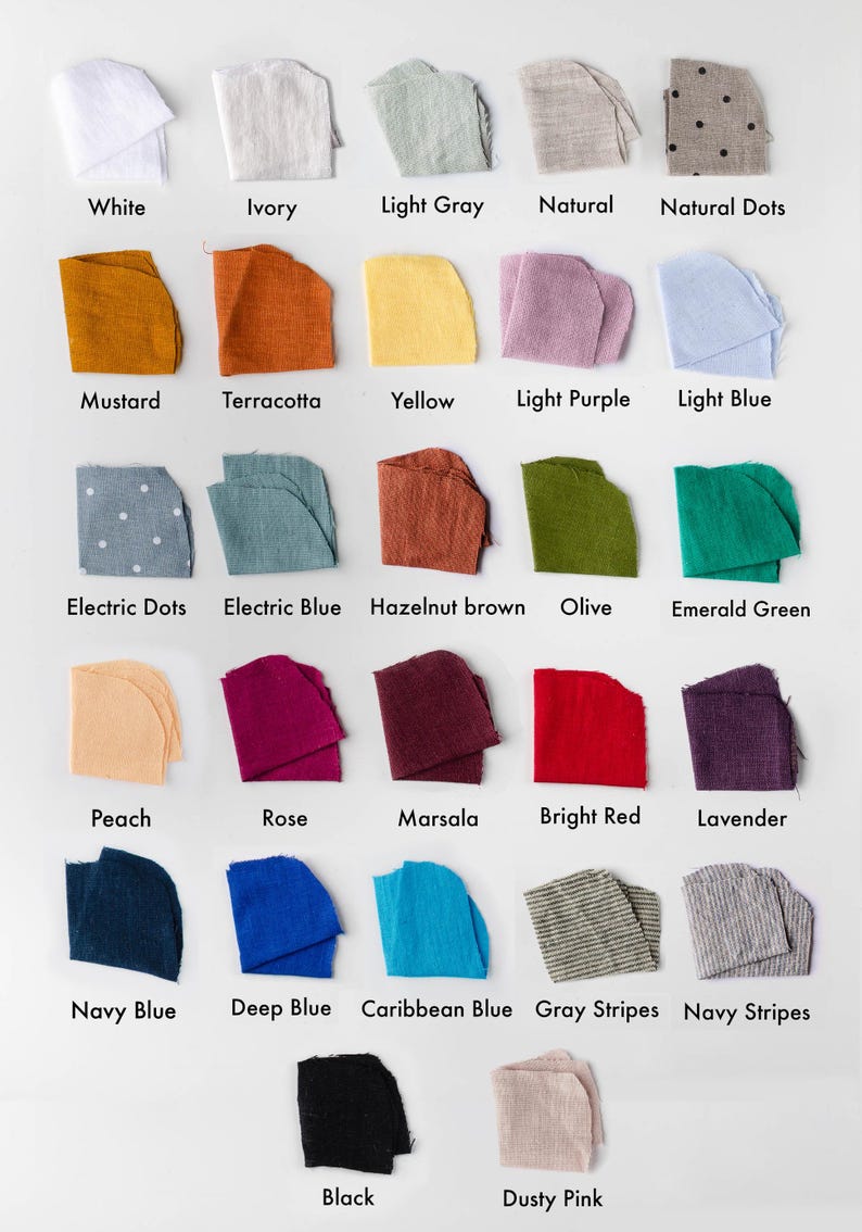 May include: A chart of 20 fabric swatches in various colours and patterns, including white, ivory, light grey, natural, natural dots, mustard, terracotta, yellow, light purple, light blue, electric dots, electric blue, hazelnut brown, olive, emerald green, peach, rose, marsala, bright red, lavender, navy blue, deep blue, caribbean blue, grey stripes, navy stripes, black, and dusty pink.
