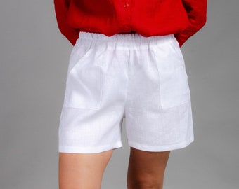 TAMARA WHITE short en lin très ample avec taille et poches élastiques, short large en lin