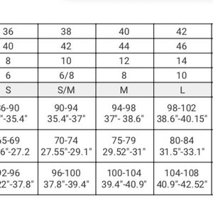 May include: Size chart for clothing with measurements in inches and centimeters. The chart shows sizes in European, Italian, UK, and US sizing, as well as letter sizes, bust, waist, and hips.