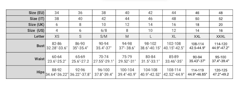 May include: Size chart for clothing with measurements in inches and centimeters. The chart shows sizes in European, Italian, UK, and US sizing, as well as letter sizes, bust, waist, and hips.
