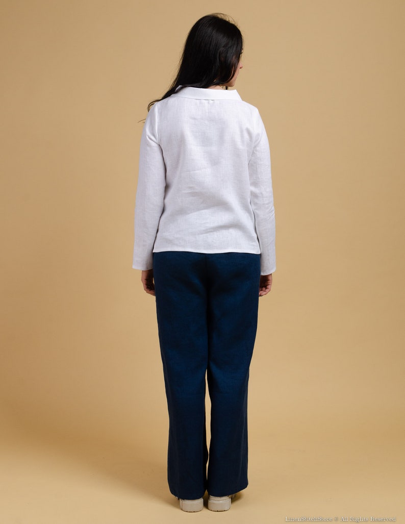 SHERRI long sleeve Peter Pan neck collar top, white colour linen shirt with splits on the sides, Simple long sleeve linen shirt image 3