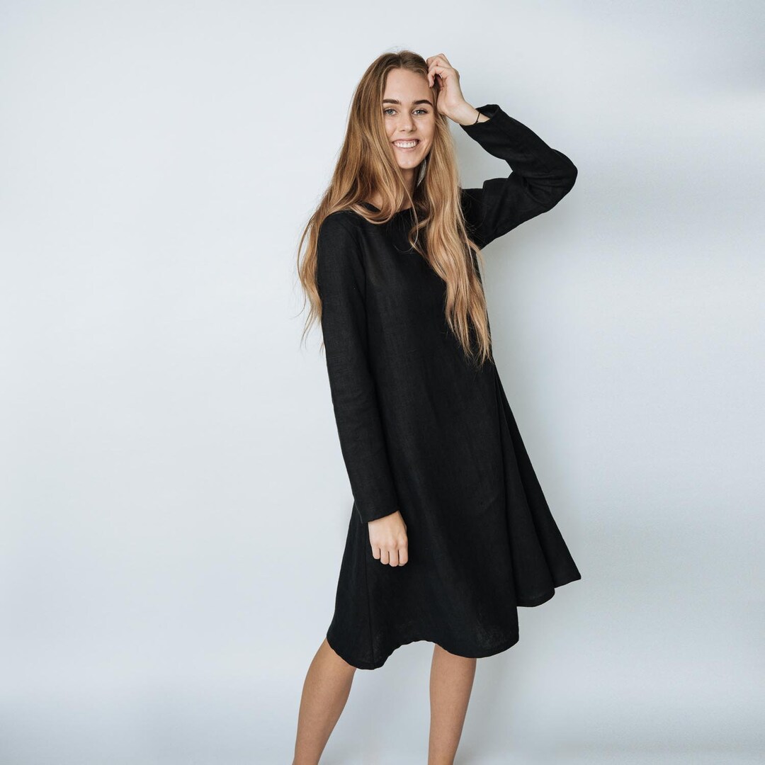 IRENA Black Linen Dress, Long Sleeve Linen Dress, Wide Dress, Cozy ...