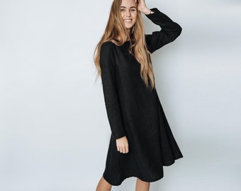 Vestido de lino negro IRENA, vestido de lino de manga larga, vestido ancho, vestido acogedor, ropa de mujer, vestido de lino mediano, vestido hecho a mano