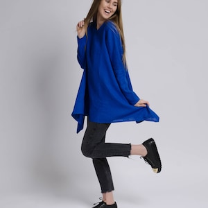 AURORA Asymmetric long sleeve blue royal color linen tunic women, bright blue long linen tunic, long linen blouse, long sleeve linen tunic image 2