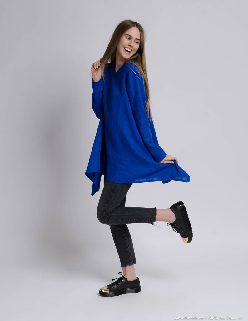 AURORA Asymmetric long sleeve blue royal color linen tunic women, bright blue long linen tunic, long linen blouse, long sleeve linen tunic image 2