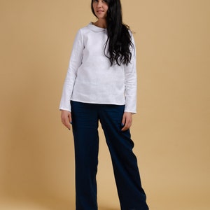 SHERRI long sleeve Peter Pan neck collar top, white colour linen shirt with splits on the sides, Simple long sleeve linen shirt image 4