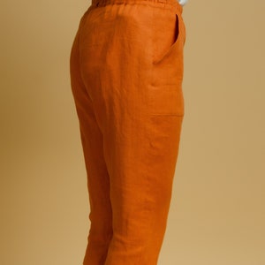 VICTORIA Terracotta color linen capri pants with elastic waistband and front pockets, orange linen shorts for women, elegant linen capri image 4