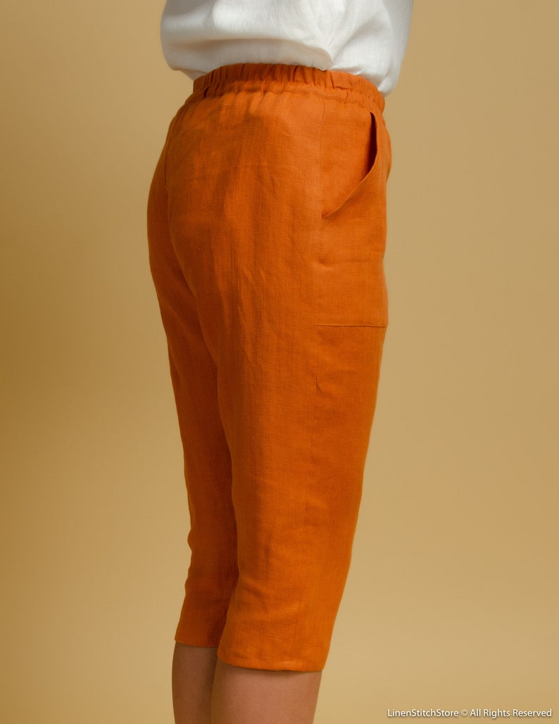 VICTORIA Terracotta color linen capri pants with elastic waistband and front pockets, orange linen shorts for women, elegant linen capri image 4