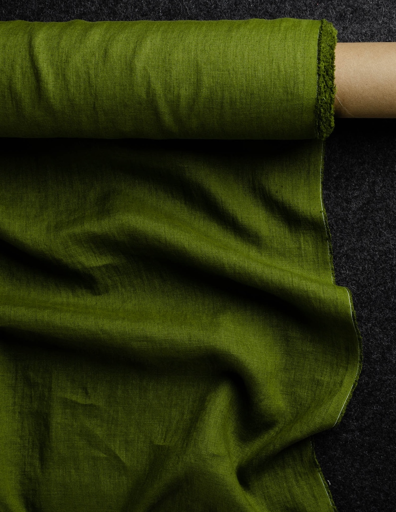 Olive colour medium weight linen fabric, chartreuse green linen fabric supply, green colour linen flax supply image 2