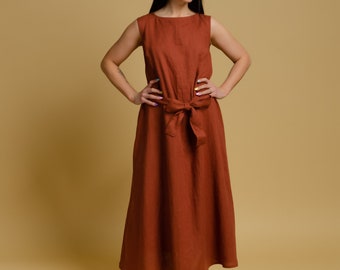 REBECA Long brown summer linen dress with inseam pockets and a ribbon belt, maxi sleeveless linen dress