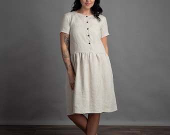 PAMELA Natural Loose Silhouette Front Buttoned Linen Dress for Women