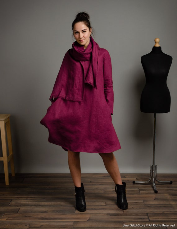 VERONICA Rose colour linen long sleeve dress with side pockets, trapeze linen dress, pink linen dress, women oversized linen dress