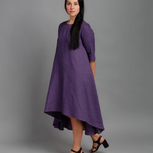 SHANON Medium sleeve asymmetric LAVENDER color linen dress, trapeze linen dress with inseam pockets, loose dress, oversized linen dress image 2