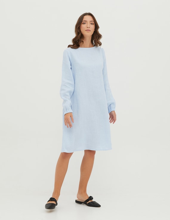SIMONA Vestido de lino azul claro con mangas abullonadas vestido