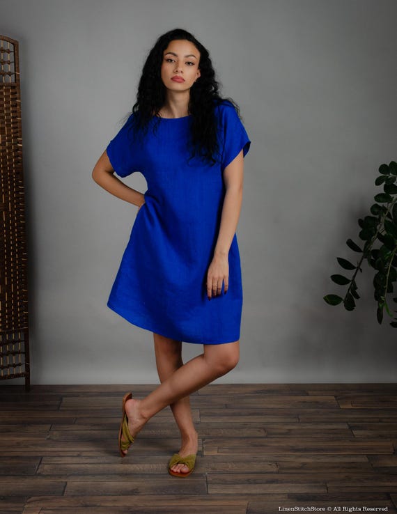 SANDRA DEEP BLUE short-sleeved linen summer dress with inseam pockets, loose linen dress, simple linen summer dress, boat neck linen dress SANDRA DEEP BLUE short-sleeved linen summer dress with inseam pockets, loose linen dress, simple linen summer dress, boat neck linen dress