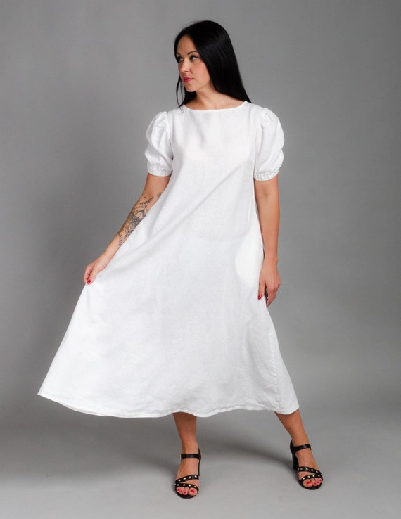 LOVE WHITE Color Long Linen Dress With Puffed Sleeves, Side Pockets, and a Belt, Long Elegant Linen Dress - Etsy LOVE WHITE Color Long Linen Dress With Puffed Sleeves, Side Pockets, and a Belt, Long Elegant Linen Dress - Etsy