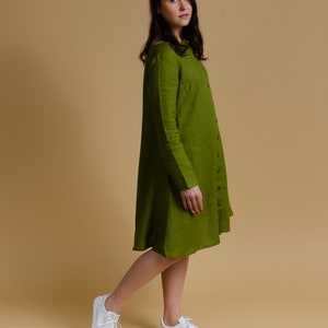 DOMINIKA Linen OLIVE color buttoned long sleeve linen dress with side pockets, green trapeze linen dress, wide dress, plus size women dress image 2