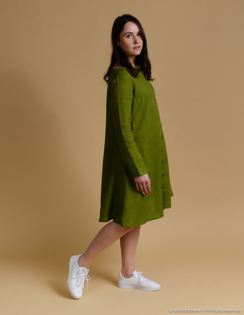 DOMINIKA Linen OLIVE color buttoned long sleeve linen dress with side pockets, green trapeze linen dress, wide dress, plus size women dress image 2