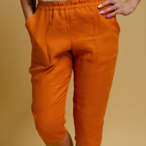 VICTORIA Terracotta color linen capri pants with elastic waistband and front pockets, orange linen shorts for women, elegant linen capri image 2