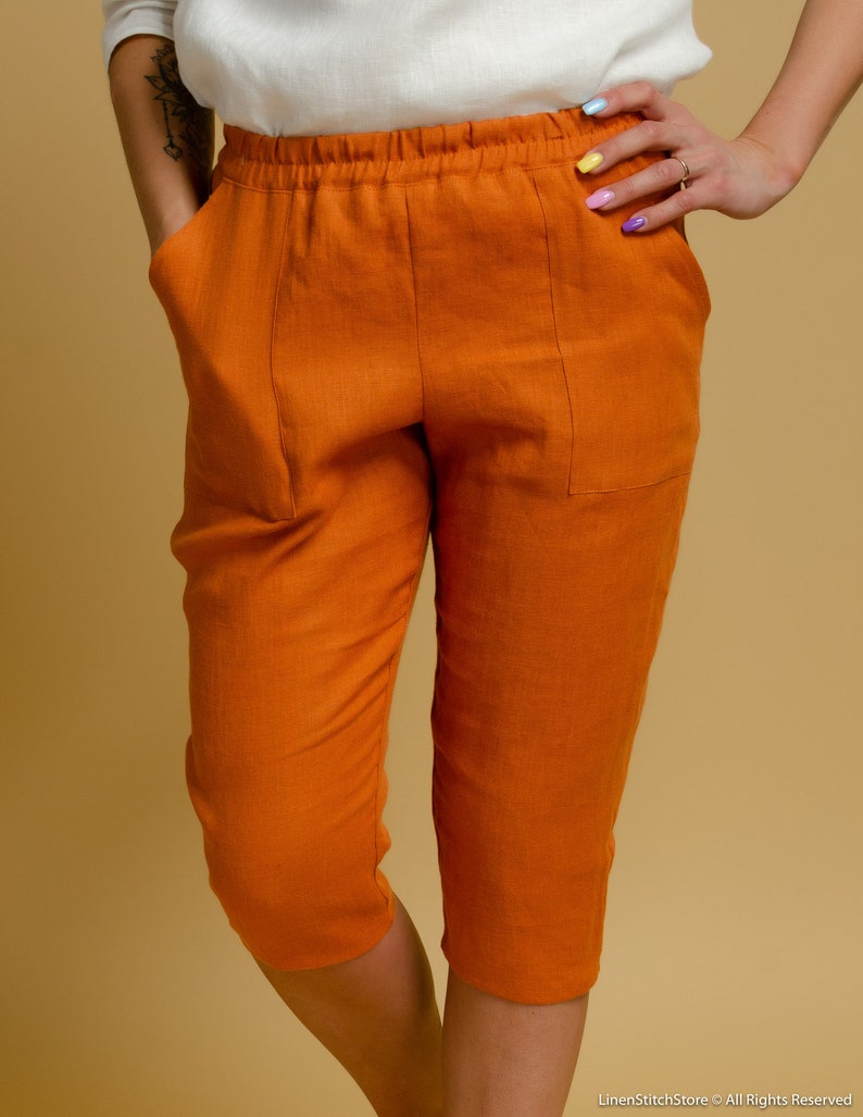 VICTORIA Terracotta color linen capri pants with elastic waistband and front pockets, orange linen shorts for women, elegant linen capri image 2