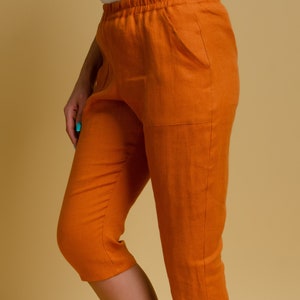 VICTORIA Terracotta color linen capri pants with elastic waistband and front pockets, orange linen shorts for women, elegant linen capri image 3