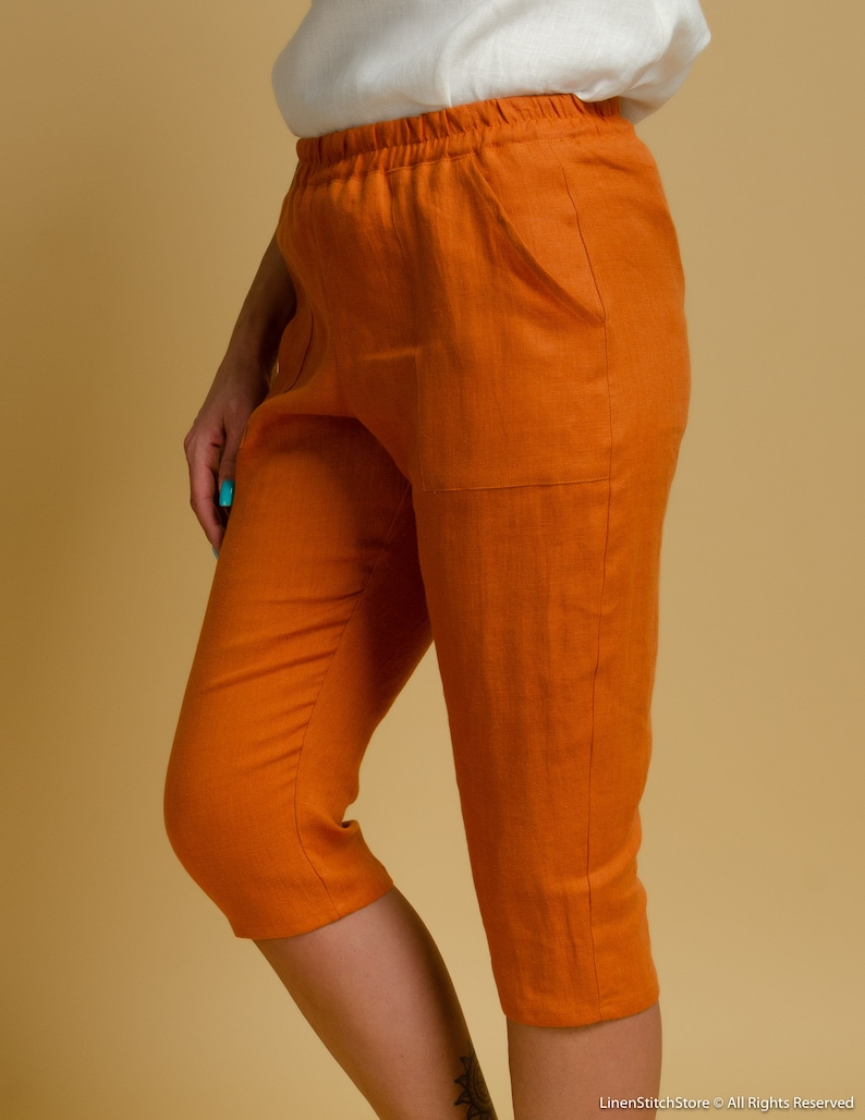 VICTORIA Terracotta color linen capri pants with elastic waistband and front pockets, orange linen shorts for women, elegant linen capri image 3