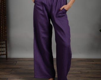 MONA LAVENDER Linen Wide Leg Pants for Women High Waist Loose Fit Summer Trousers – Lightweight Natural Linen Clothing Handmade Eco Friendly