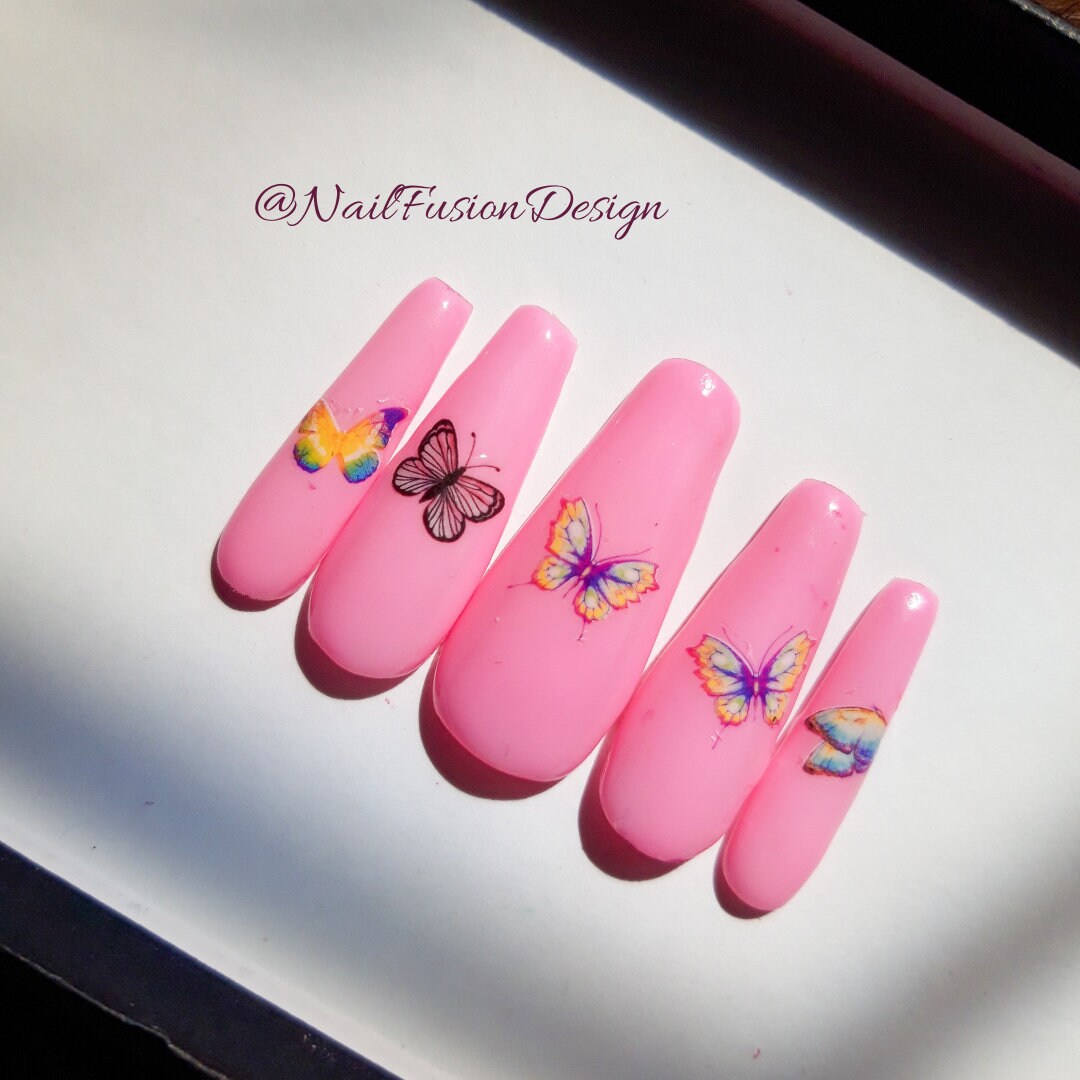 Baby Pink Butterfly Design Press On Nails Long Coffin Nails Etsy Canada