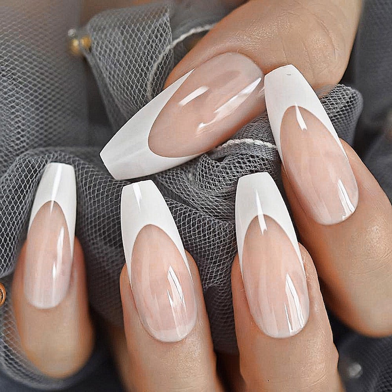 White French Tip Press On Nails Long Coffin Nails Acrylic Etsy