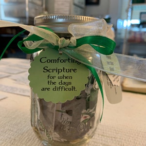 Serious encouragement.   PINT glass Scripture Jar filled with Bible verses that will point your person to God.