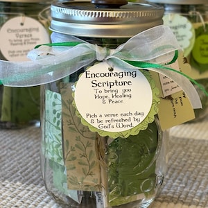 Gift of “serious” encouragement. PINT Scripture Jar filled with Bible verses that will point your person to God. A favorite jar of many!