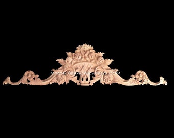 May include: A carved wooden decorative piece with a floral design. The piece is shaped like an arch and has a central motif of a fan with leaves and flowers. The piece is unfinished and ready to be painted or stained.