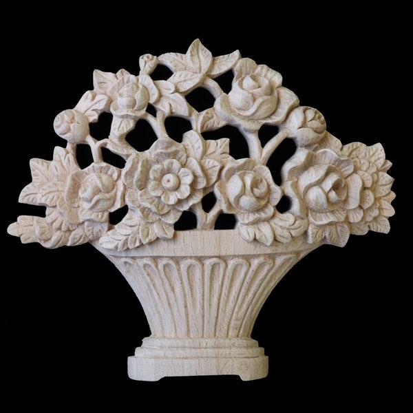 FLR-12: Handcarved Central Wood Decorative Ornaments  Victorian Flower basket Pediment Baroque Medallion Motif Onlays Provincial Bouquet