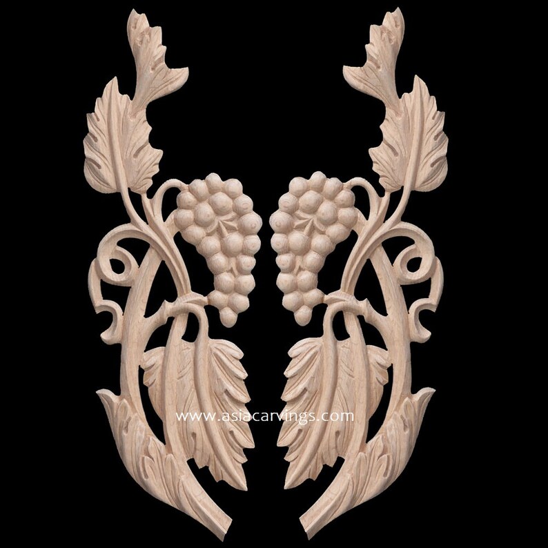 APL38 Handcarved Grapes and Leaves Paired Decorative Millwork Wood Applique Ornament Grape