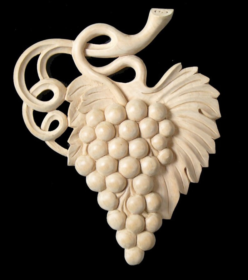 APL31 Handcarved Grapes and Leaves Paired Decorative Millwork Wood Applique Ornament Grape