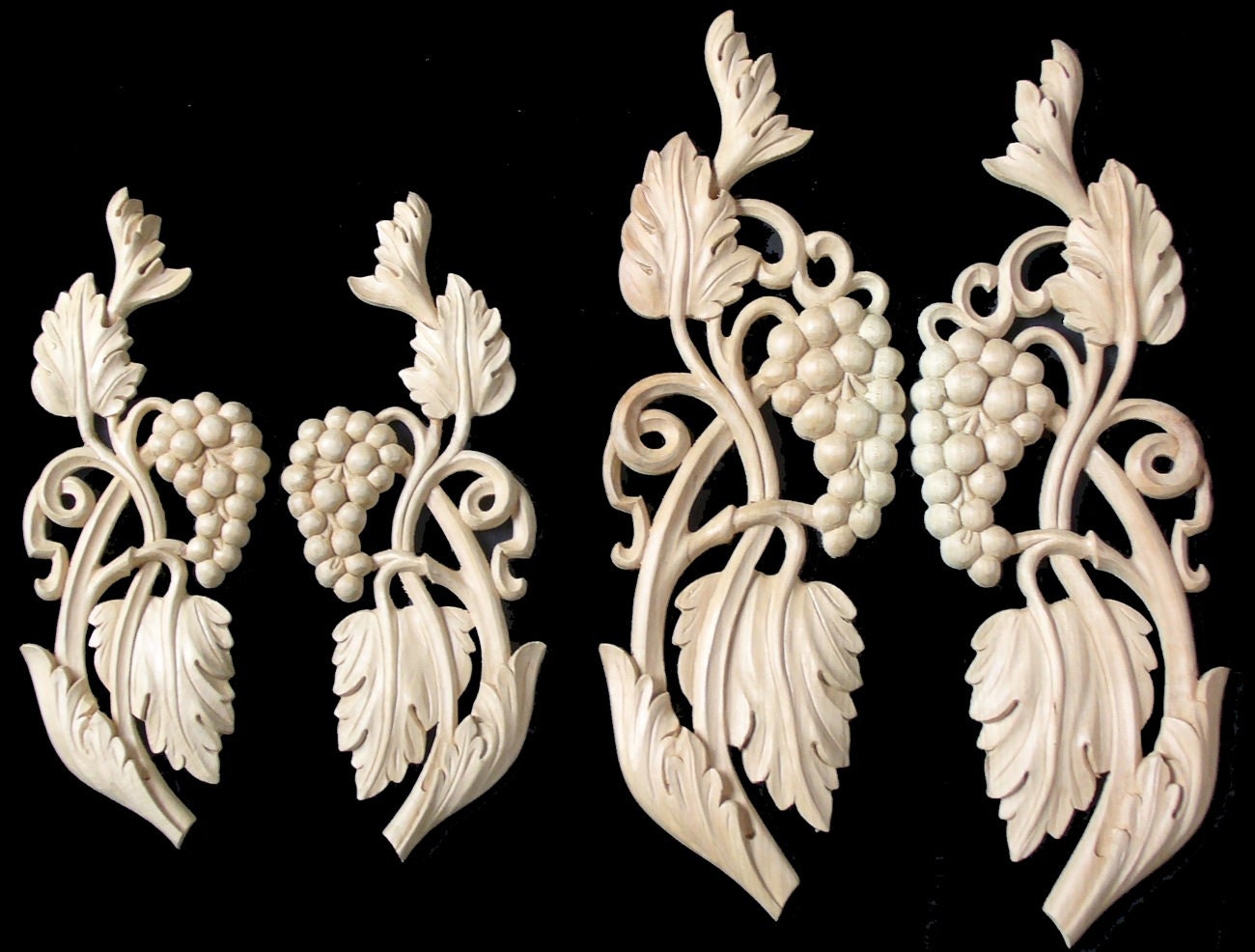APL38 Handcarved Grapes and Leaves Paired Decorative Millwork Wood Applique Ornament Grape