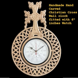 WDC-14: Handmade Hand Carved Decorative Woodcarvings Wall clock - Christian Cross in wood | Holy Cross Wall clocks | Christmas Wall Clocks