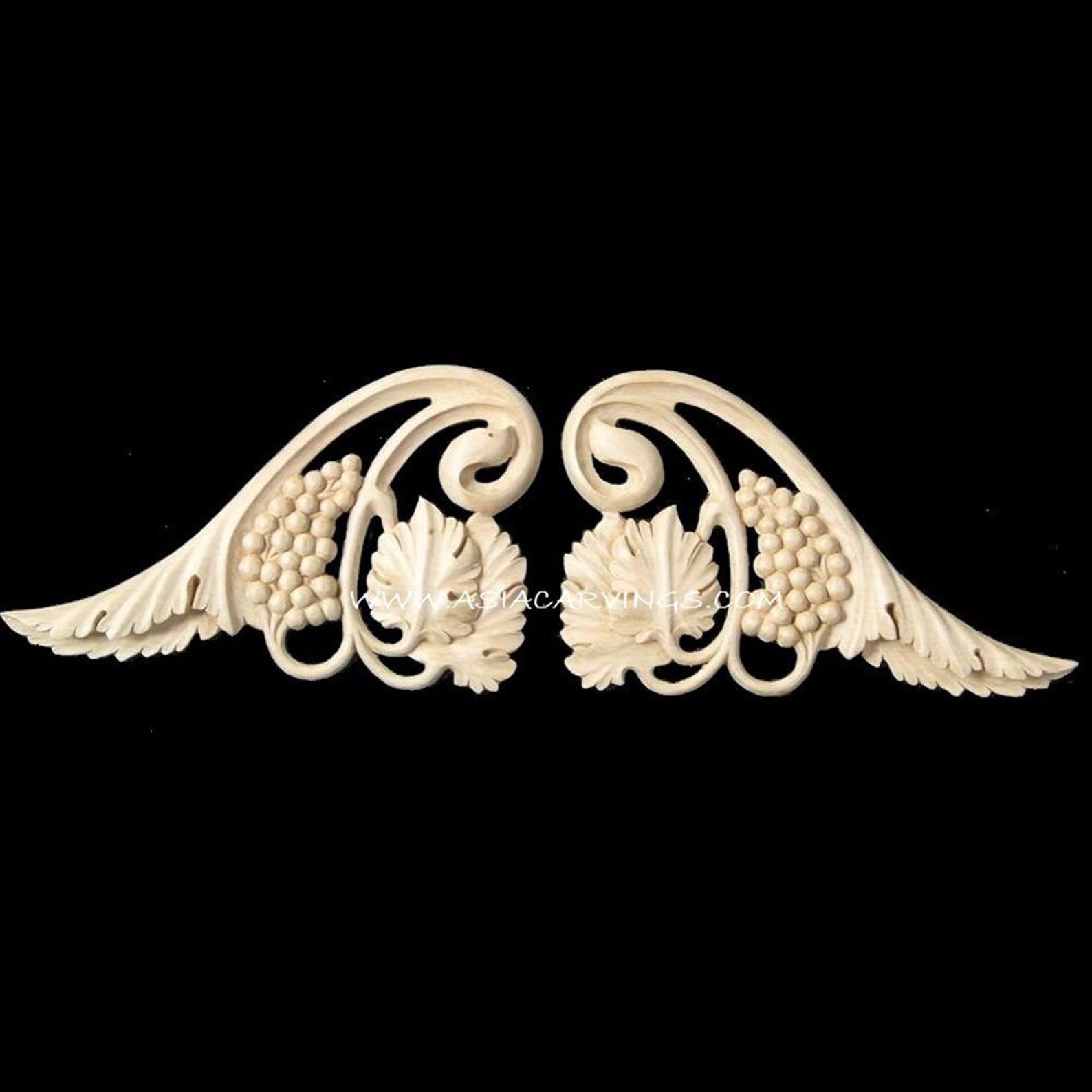 APL32 Handcarved Grapes and Leaves Paired Decorative Millwork Wood Applique Ornament Grape