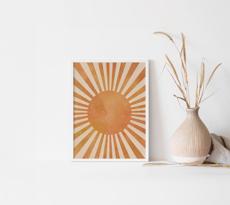 Bright sun wall art Boho sun rays art print Orange sun poster Abstract sunlight Printable sunburst Instant download