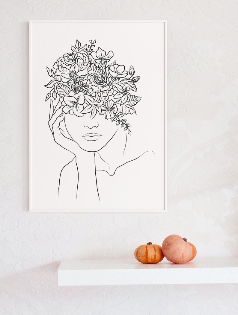 Flower woman line art Woman with flowers art print Flowers Etsy