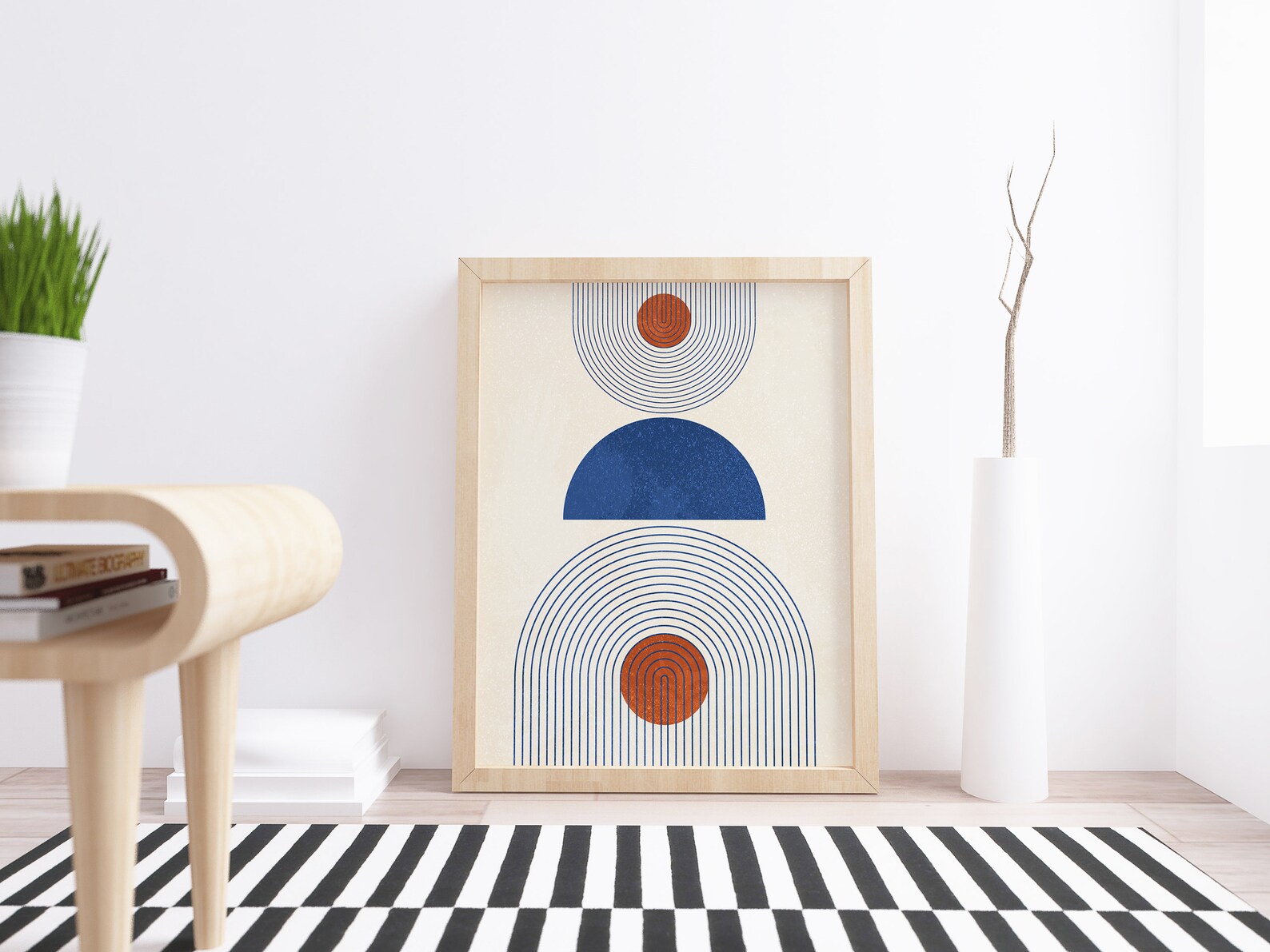 Mid Century Modern Art Print Navy Blue Geometric Wall Art Etsy