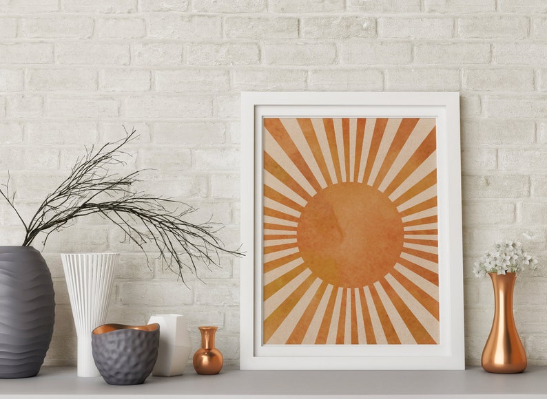 Bright sun wall art Boho sun rays art print Orange sun poster Abstract sunlight Printable sunburst Instant download