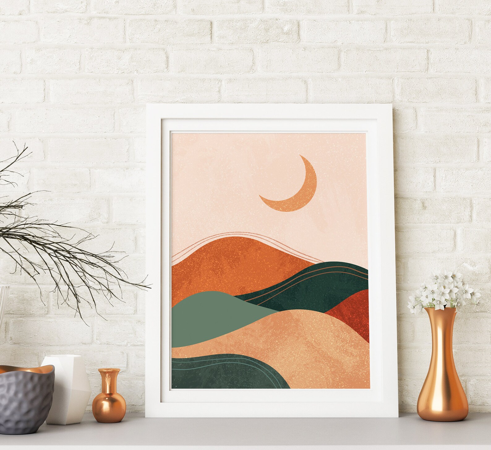 Boho Landscape Art Print Night Sky Wall Art Crescent Moon Etsy
