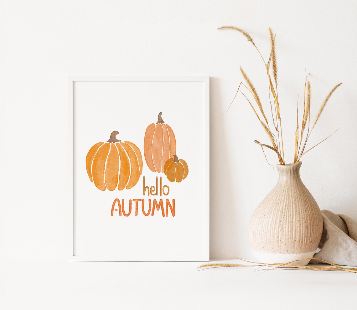 Hello autumn wall print Pumpkin art print Hello fall wall Etsy